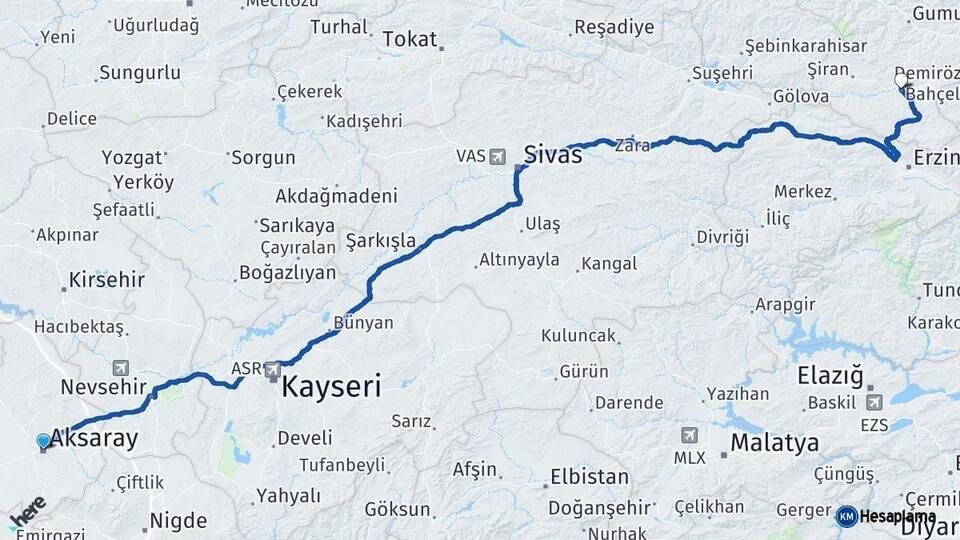Aksaray Kelkit Gümüşhane Arası Kaç Km - Yol Haritası