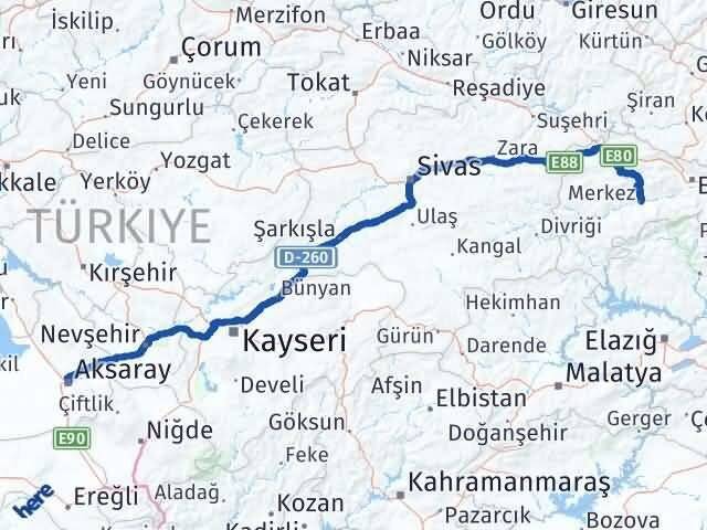 Aksaray Kemah Erzincan Arası Kaç Km - Yol Haritası