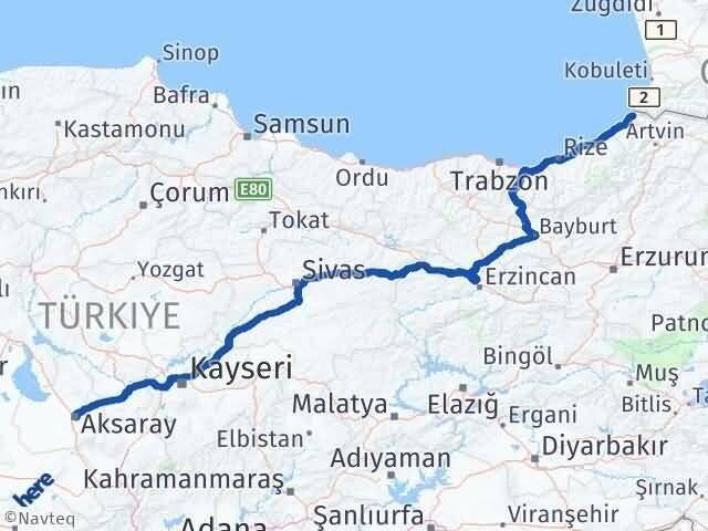 Aksaray Kemalpaşa Artvin Arası Kaç Km - Yol Haritası