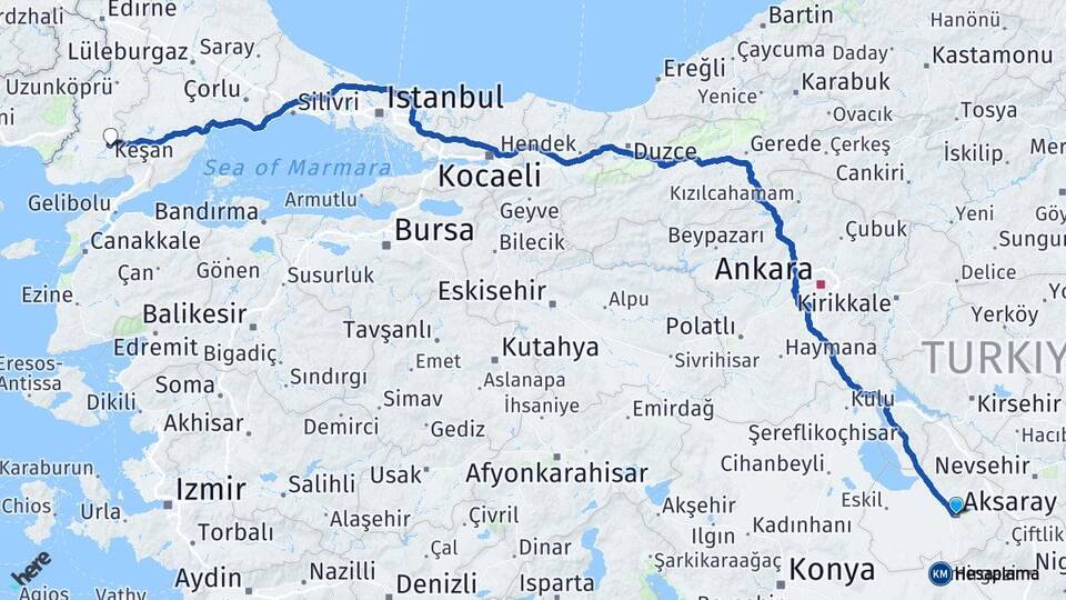 Aksaray Keşan Edirne Arası Kaç Km - Yol Haritası