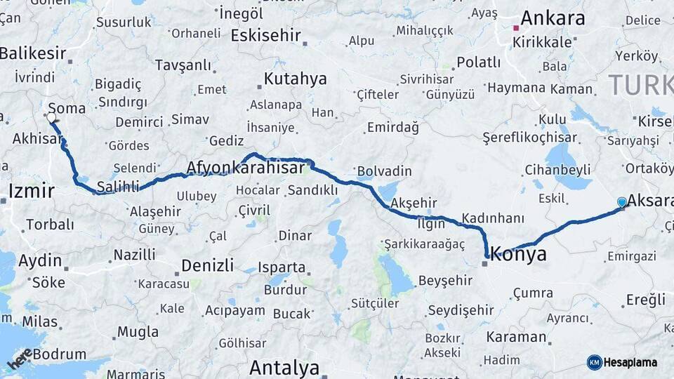 Aksaray Kırkağaç Manisa Arası Kaç Km - Yol Haritası