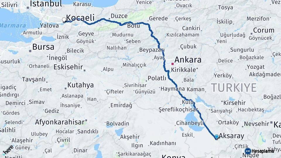 Aksaray Kocaeli Arası Kaç Km - Yol Haritası