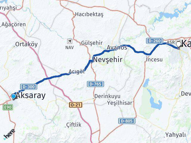 Aksaray Kocasinan Kayseri Arası Kaç Km - Yol Haritası