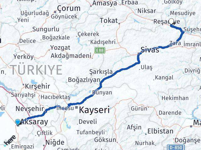 Aksaray Koyulhisar Sivas Arası Kaç Km - Yol Haritası