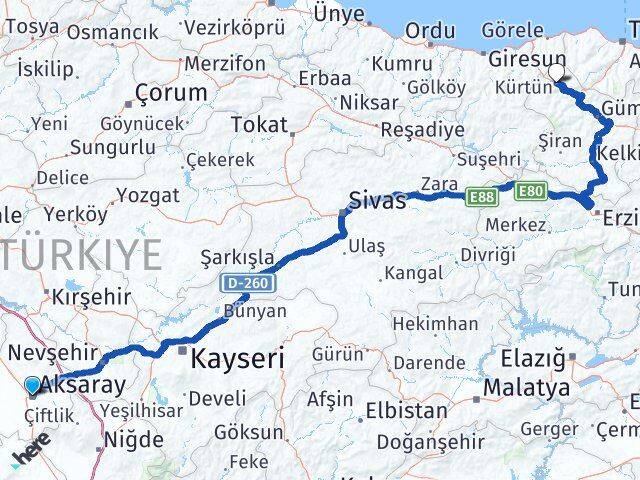 Aksaray Kürtün Gümüşhane Arası Kaç Km - Yol Haritası