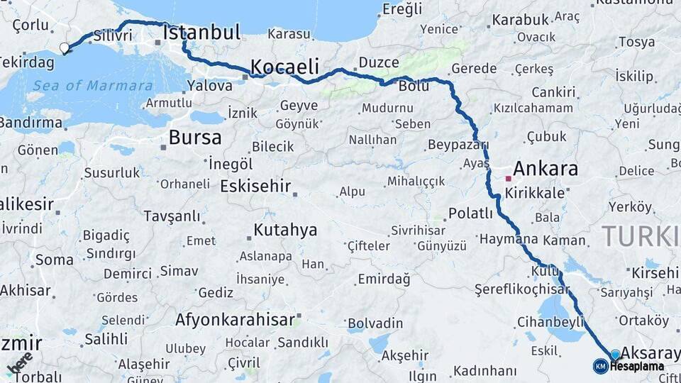 Aksaray Marmaraereğlisi Tekirdağ Arası Kaç Km - Yol Haritası
