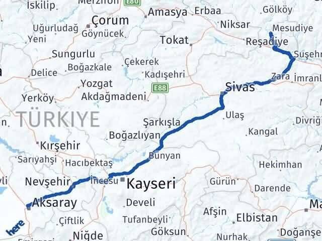 Aksaray Mesudiye Ordu Arası Kaç Km - Yol Haritası