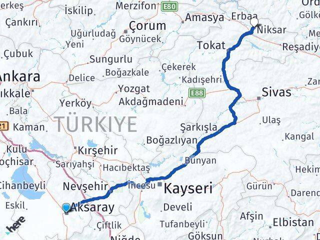 Aksaray Niksar Tokat Arası Kaç Km - Yol Haritası