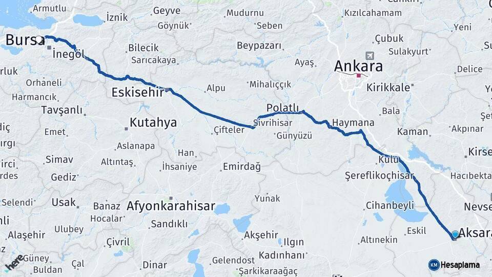 Aksaray Nilüfer Bursa Arası Kaç Km - Yol Haritası