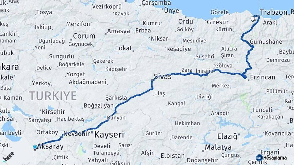 Aksaray Ortahisar Trabzon Arası Kaç Km - Yol Haritası