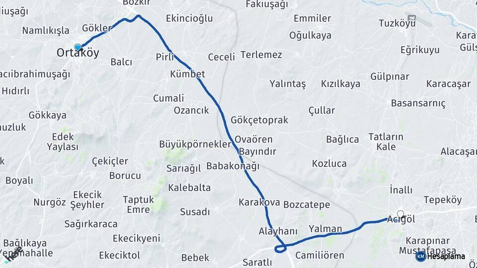 Aksaray Ortaköy Acıgöl Nevşehir Arası Kaç Km - Yol Haritası