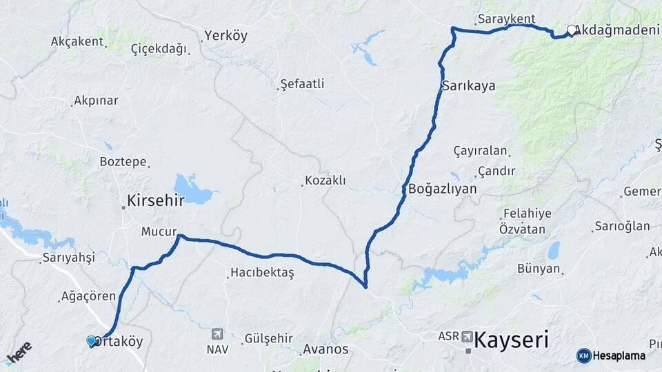 Aksaray Ortaköy Akdağmadeni Yozgat Arası Kaç Km - Yol Haritası