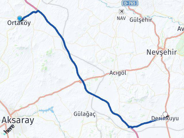 Aksaray Ortaköy Derinkuyu Nevşehir Arası Kaç Km - Yol Haritası