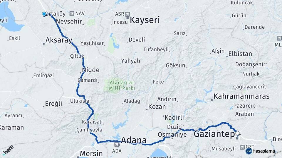Aksaray Ortaköy Gaziantep Arası Kaç Km - Yol Haritası