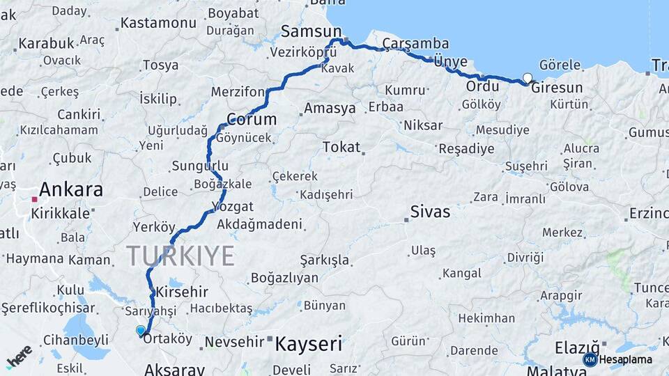 Aksaray Ortaköy Giresun Arası Kaç Km - Yol Haritası