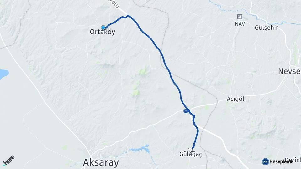 Aksaray Ortaköy Gülağaç Arası Kaç Km - Yol Haritası