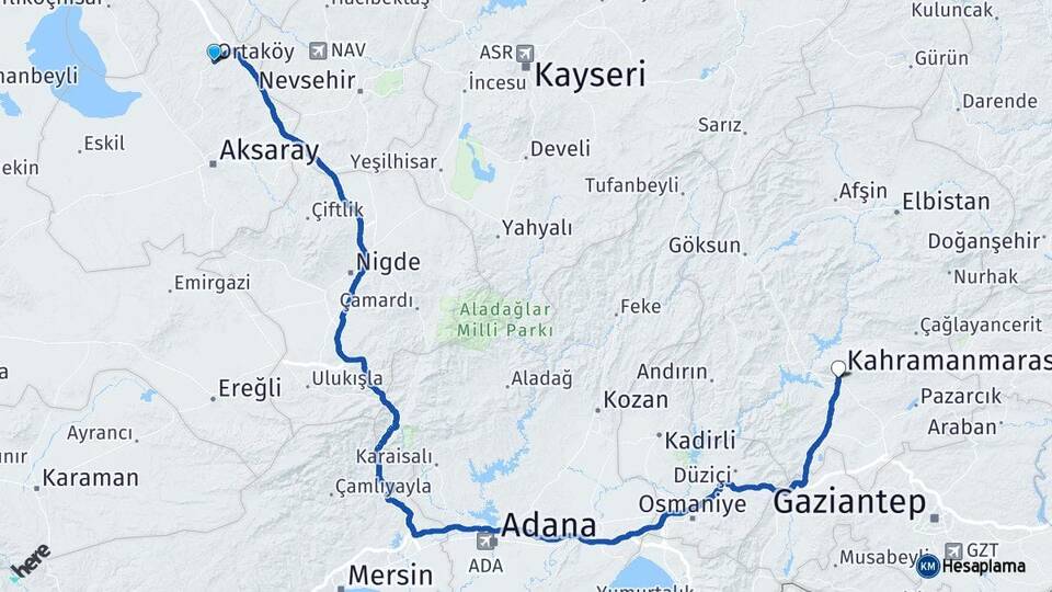 Aksaray Ortaköy Kahramanmaraş Arası Kaç Km - Yol Haritası