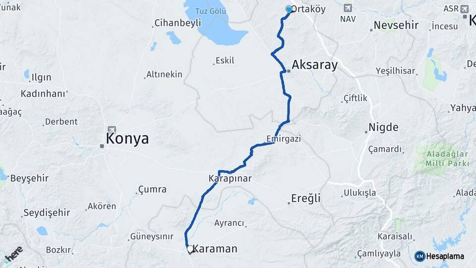 Aksaray Ortaköy Karaman Arası Kaç Km - Yol Haritası