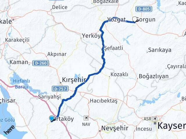 Aksaray Ortaköy Sorgun Yozgat Arası Kaç Km - Yol Haritası
