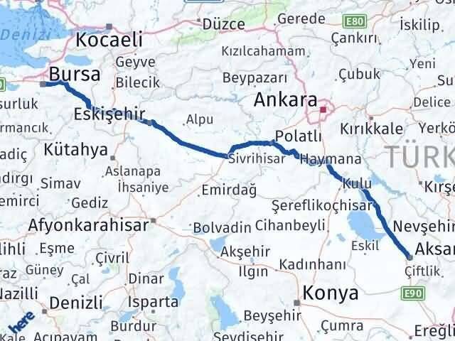 Aksaray Osmangazi Bursa Arası Kaç Km - Yol Haritası