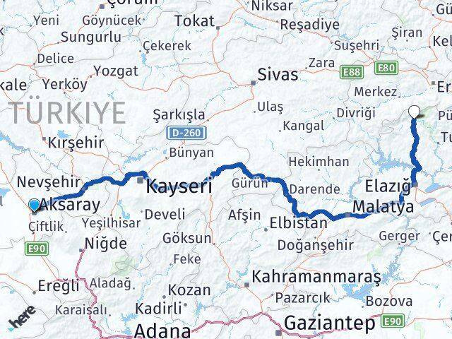 Aksaray Ovacık Tunceli Arası Kaç Km - Yol Haritası