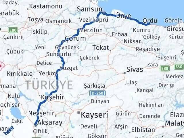 Aksaray Perşembe Ordu Arası Kaç Km - Yol Haritası