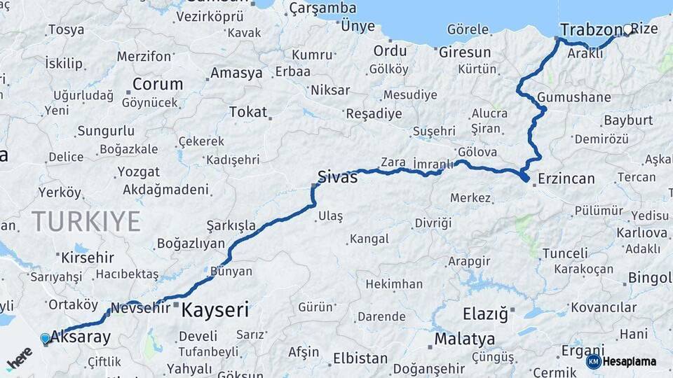 Aksaray Rize Arası Kaç Km - Yol Haritası