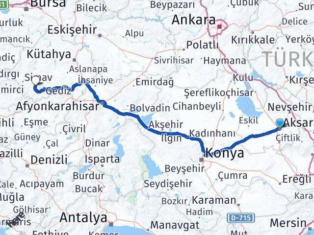 Aksaray Şaphane Kütahya Arası Kaç Km - Yol Haritası