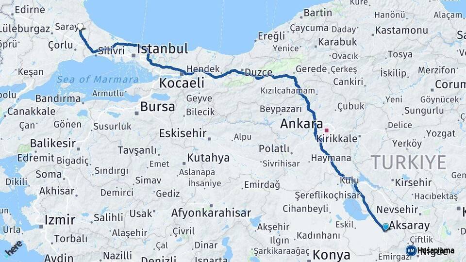 Aksaray Saray Tekirdağ Arası Kaç Km - Yol Haritası