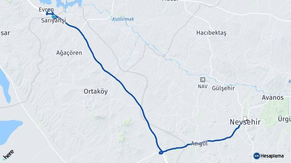 Aksaray Sarıyahşi Nevşehir Arası Kaç Km - Yol Haritası