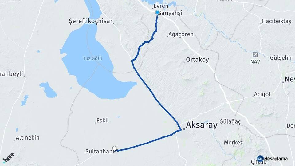 Aksaray Sarıyahşi Sultanhanı Arası Kaç Km - Yol Haritası