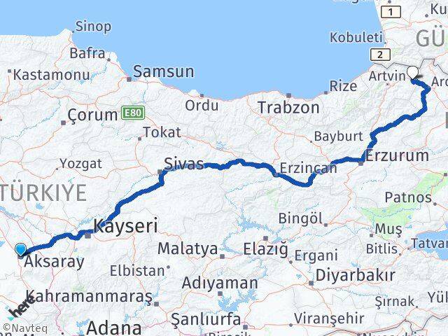 Aksaray Şavşat Artvin Arası Kaç Km - Yol Haritası