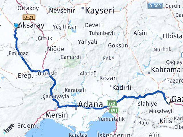 Aksaray Şehitkamil Gaziantep Arası Kaç Km - Yol Haritası
