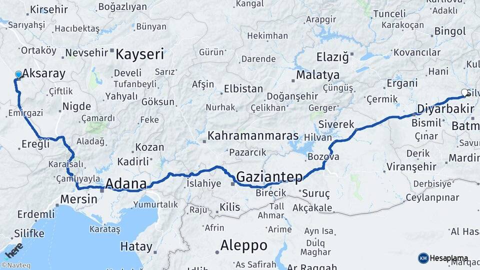 Aksaray Silvan Diyarbakır Arası Kaç Km - Yol Haritası