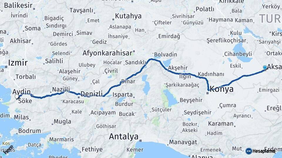Aksaray Söke Aydın Arası Kaç Km - Yol Haritası