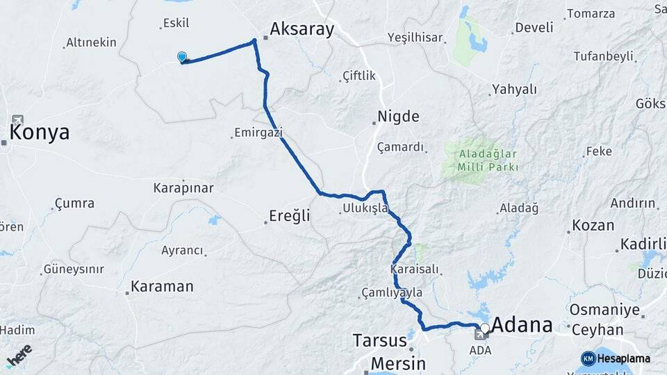 Aksaray Sultanhanı Adana Arası Kaç Km - Yol Haritası