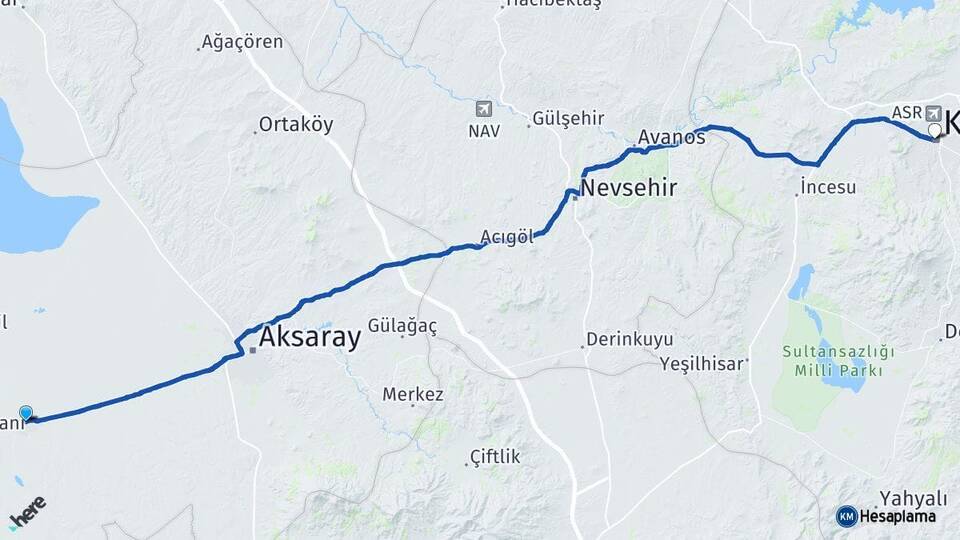Aksaray Sultanhanı Kayseri Arası Kaç Km - Yol Haritası