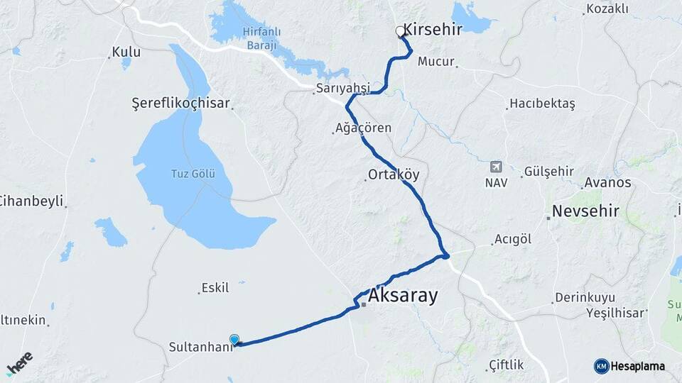Aksaray Sultanhanı Kırşehir Arası Kaç Km - Yol Haritası