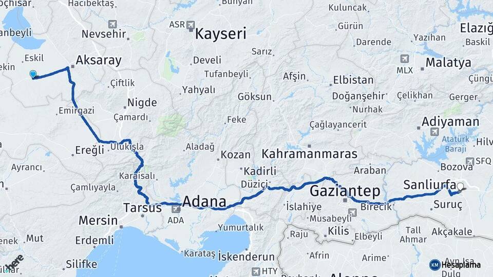 Aksaray Sultanhanı Şanlıurfa Arası Kaç Km - Yol Haritası