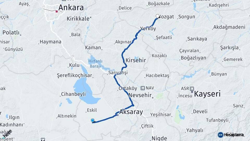 Aksaray Sultanhanı Yozgat Arası Kaç Km - Yol Haritası