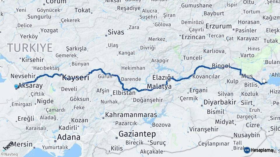 Aksaray Tatvan Bitlis Arası Kaç Km - Yol Haritası