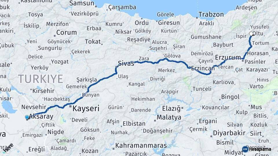 Aksaray Uzundere Erzurum Arası Kaç Km - Yol Haritası