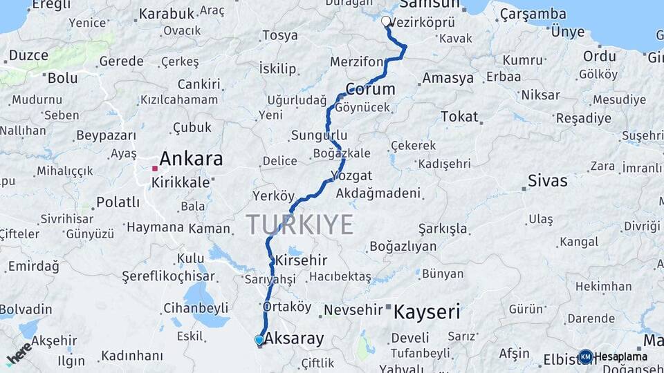 Aksaray Vezirköprü Samsun Arası Kaç Km - Yol Haritası