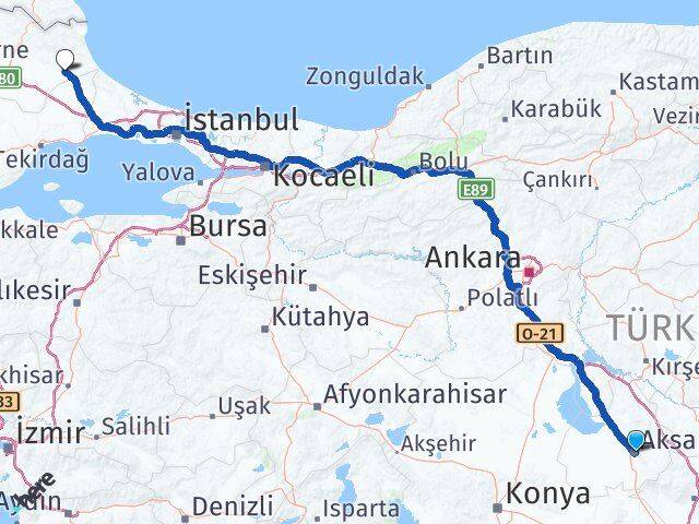 Aksaray Vize Kırklareli Arası Kaç Km - Yol Haritası