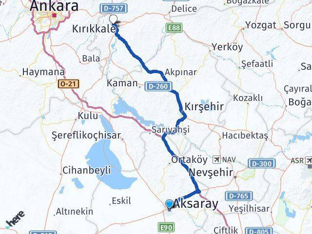 Aksaray Yahşihan Kırıkkale Arası Kaç Km - Yol Haritası