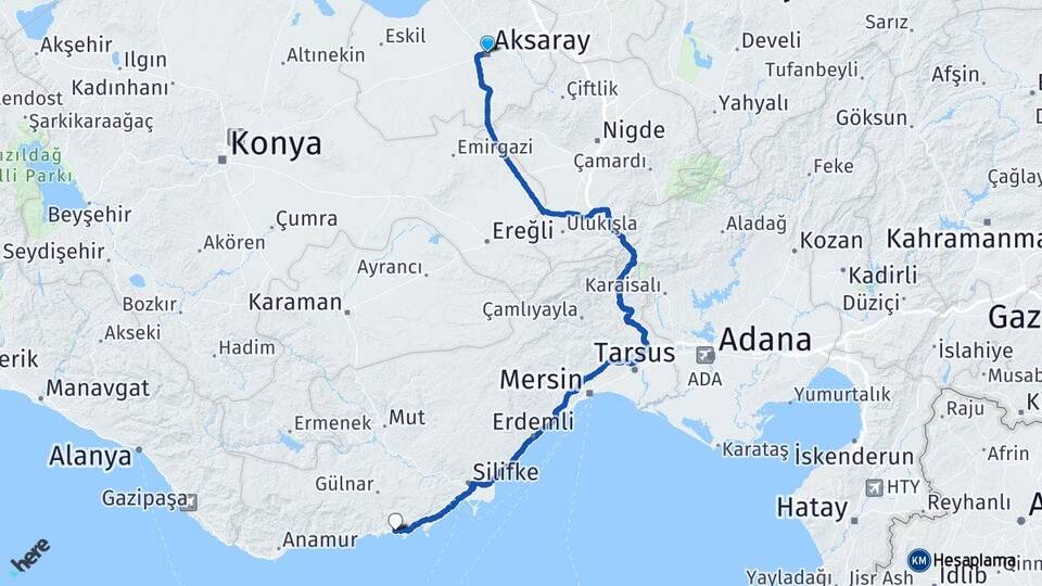 Aksaray Yanışlı Gülnar Mersin Arası Kaç Km - Yol Haritası