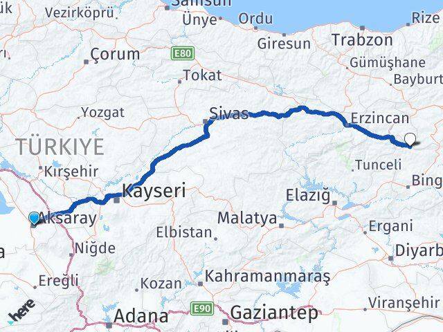 Aksaray Yedisu Bingöl Arası Kaç Km - Yol Haritası
