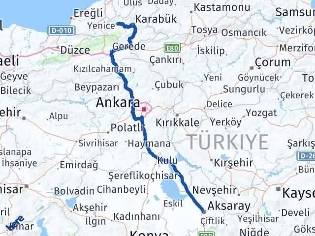 Aksaray Yenice Karabük Arası Kaç Km - Yol Haritası