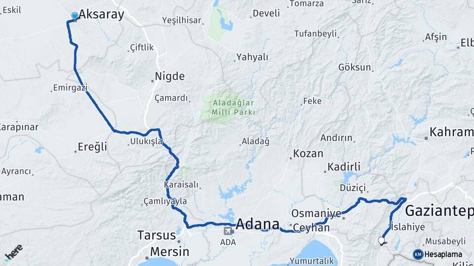 Aksaray Yeşilyurt İslahiye Gaziantep Arası Kaç Km - Yol Haritası