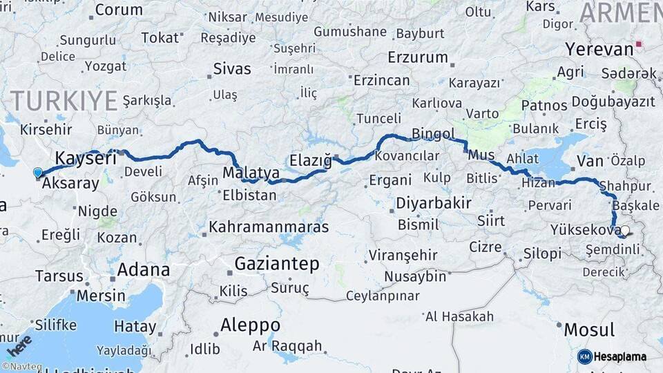 Aksaray Yüksekova Hakkari Arası Kaç Km - Yol Haritası